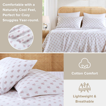 100% Cotton Percale Sheets Queen Size 4 Piece, Floral Pink