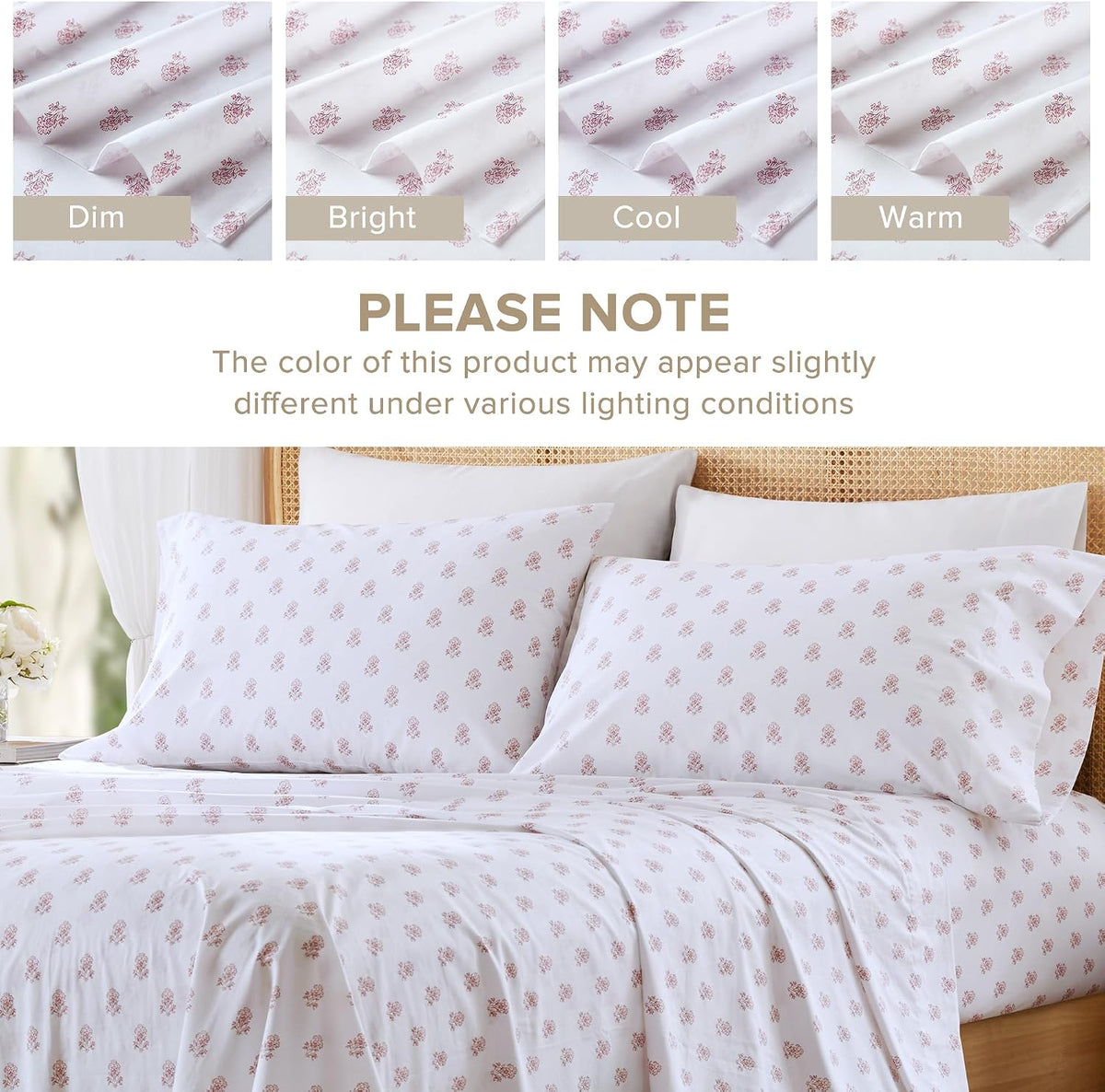100% Cotton Percale Sheets Queen Size 4 Piece, Floral Pink