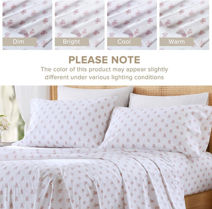 100% Cotton Percale Sheets Queen Size 4 Piece, Floral Pink