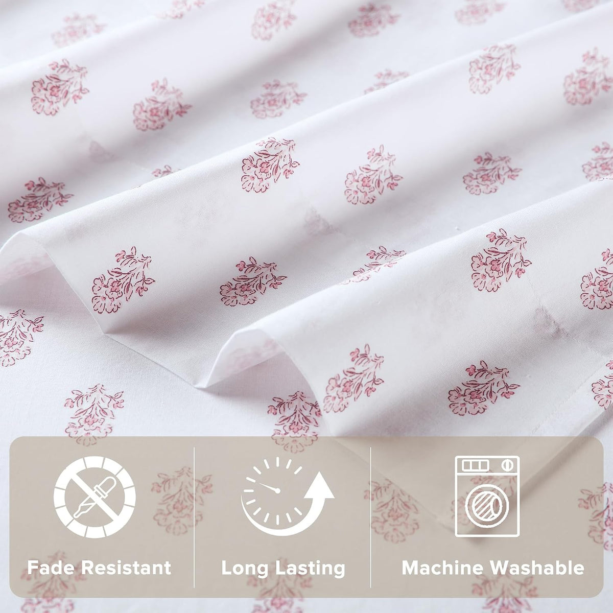 100% Cotton Percale Sheets Queen Size 4 Piece, Floral Pink
