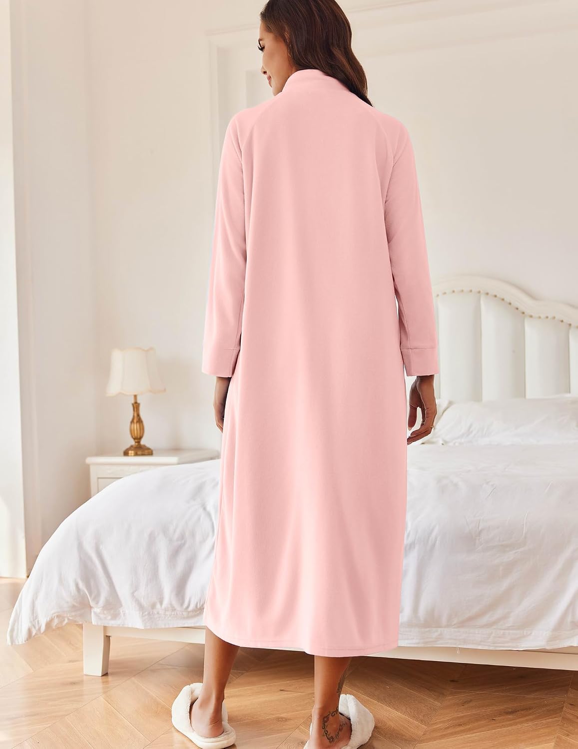 Women Zipper Robe Long Sleeves House Coat Soft Bathrobe Housecoat