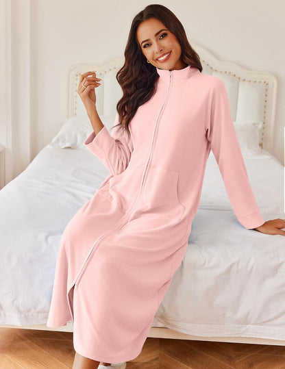 Women Zipper Robe Long Sleeves House Coat Soft Bathrobe Housecoat