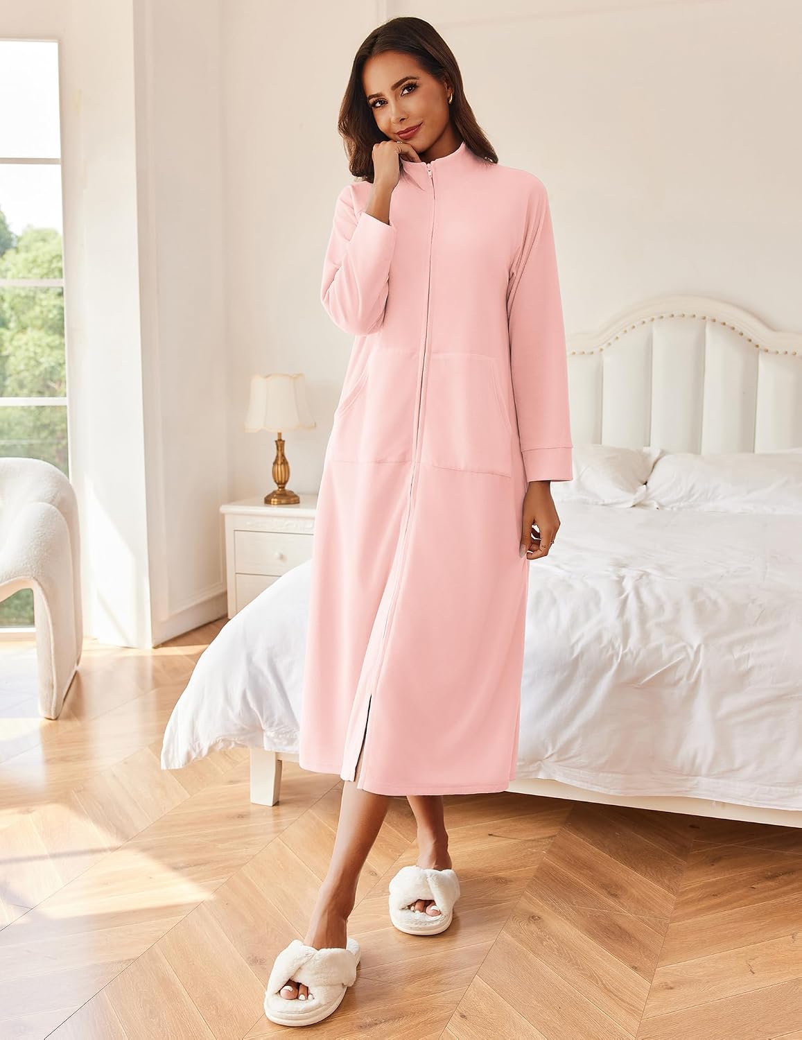 Women Zipper Robe Long Sleeves House Coat Soft Bathrobe Housecoat