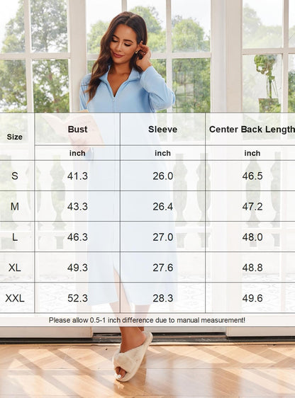 Women Zipper Robe Long Sleeves House Coat Soft Bathrobe Housecoat