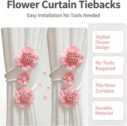 2 Packs Flower Curtain Buckle,Handmade Artificial Flower Curtain Holdbacks Clips,Flexible Curtain Tiebacks Clips Elegant Decorative for Living Room Bedroom(Pink)