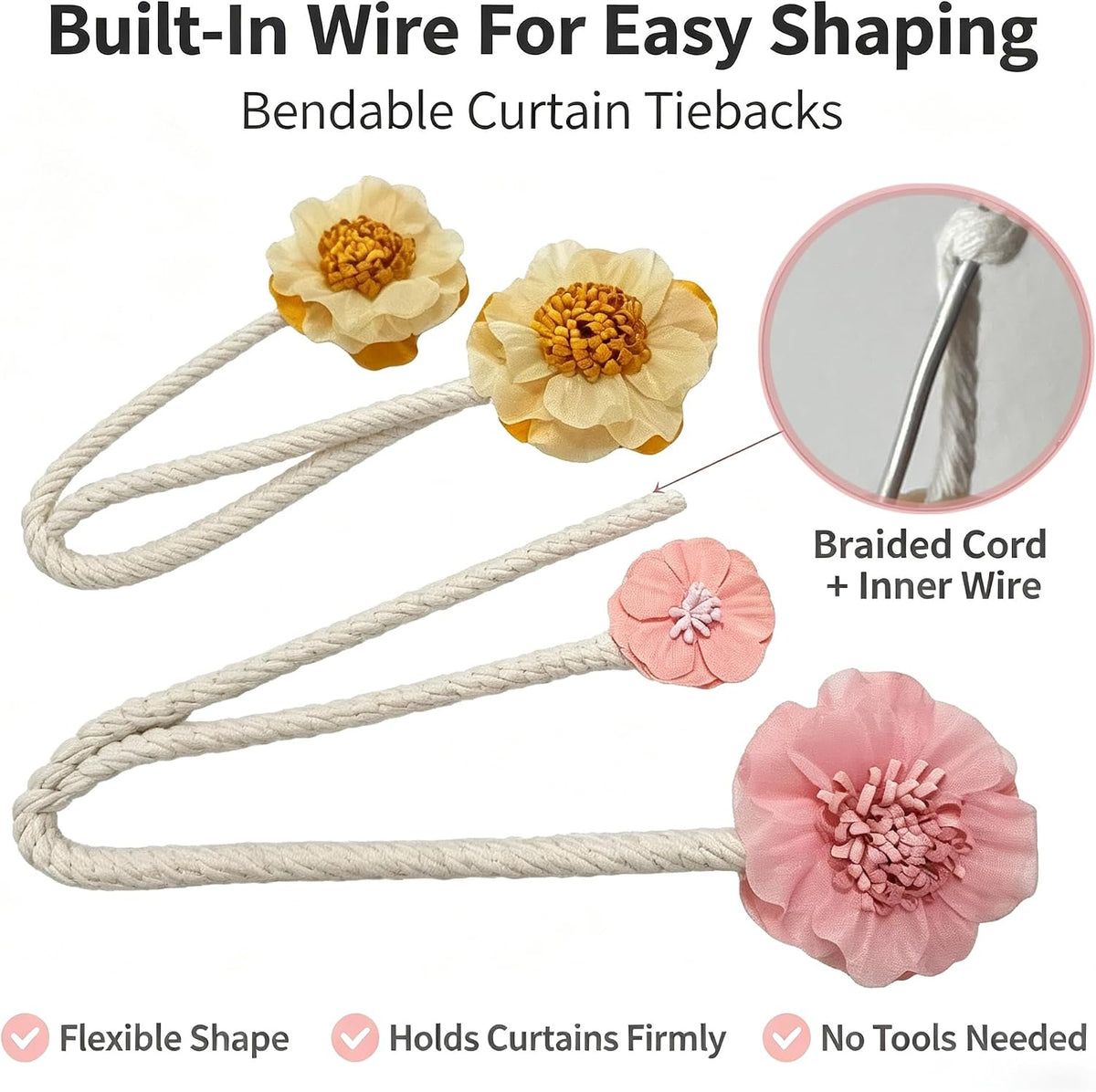 2 Packs Flower Curtain Buckle,Handmade Artificial Flower Curtain Holdbacks Clips,Flexible Curtain Tiebacks Clips Elegant Decorative for Living Room Bedroom(Pink)