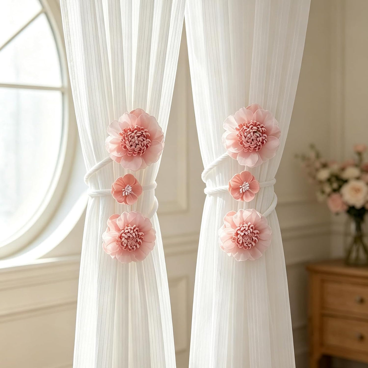 2 Packs Flower Curtain Buckle,Handmade Artificial Flower Curtain Holdbacks Clips,Flexible Curtain Tiebacks Clips Elegant Decorative for Living Room Bedroom(Pink)