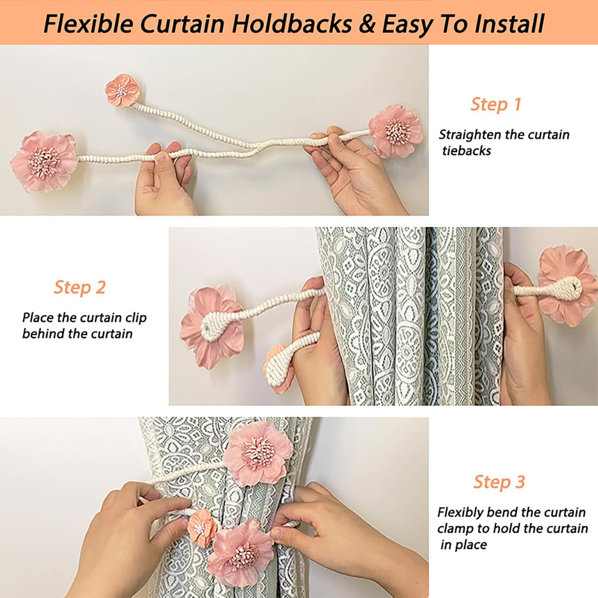 2 Packs Flower Curtain Buckle,Handmade Artificial Flower Curtain Holdbacks Clips,Flexible Curtain Tiebacks Clips Elegant Decorative for Living Room Bedroom(Pink)
