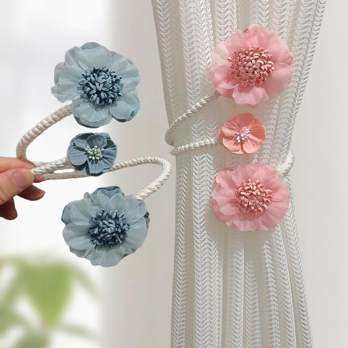2 Packs Flower Curtain Buckle,Handmade Artificial Flower Curtain Holdbacks Clips,Flexible Curtain Tiebacks Clips Elegant Decorative for Living Room Bedroom(Pink)