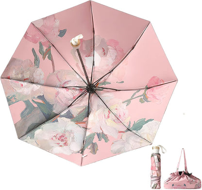 Mini Folding Umbrella for Rain and Sun Portable Umbrella for Travel Compact with Organizer Tote Bag UV Protection Windproof Pink Peony