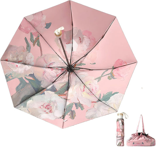 Mini Folding Umbrella for Rain and Sun Portable Umbrella for Travel Compact with Organizer Tote Bag UV Protection Windproof Pink Peony