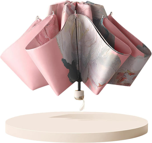 Mini Folding Umbrella for Rain and Sun Portable Umbrella for Travel Compact with Organizer Tote Bag UV Protection Windproof Pink Peony