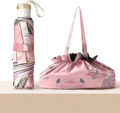 Mini Folding Umbrella for Rain and Sun Portable Umbrella for Travel Compact with Organizer Tote Bag UV Protection Windproof Pink Peony