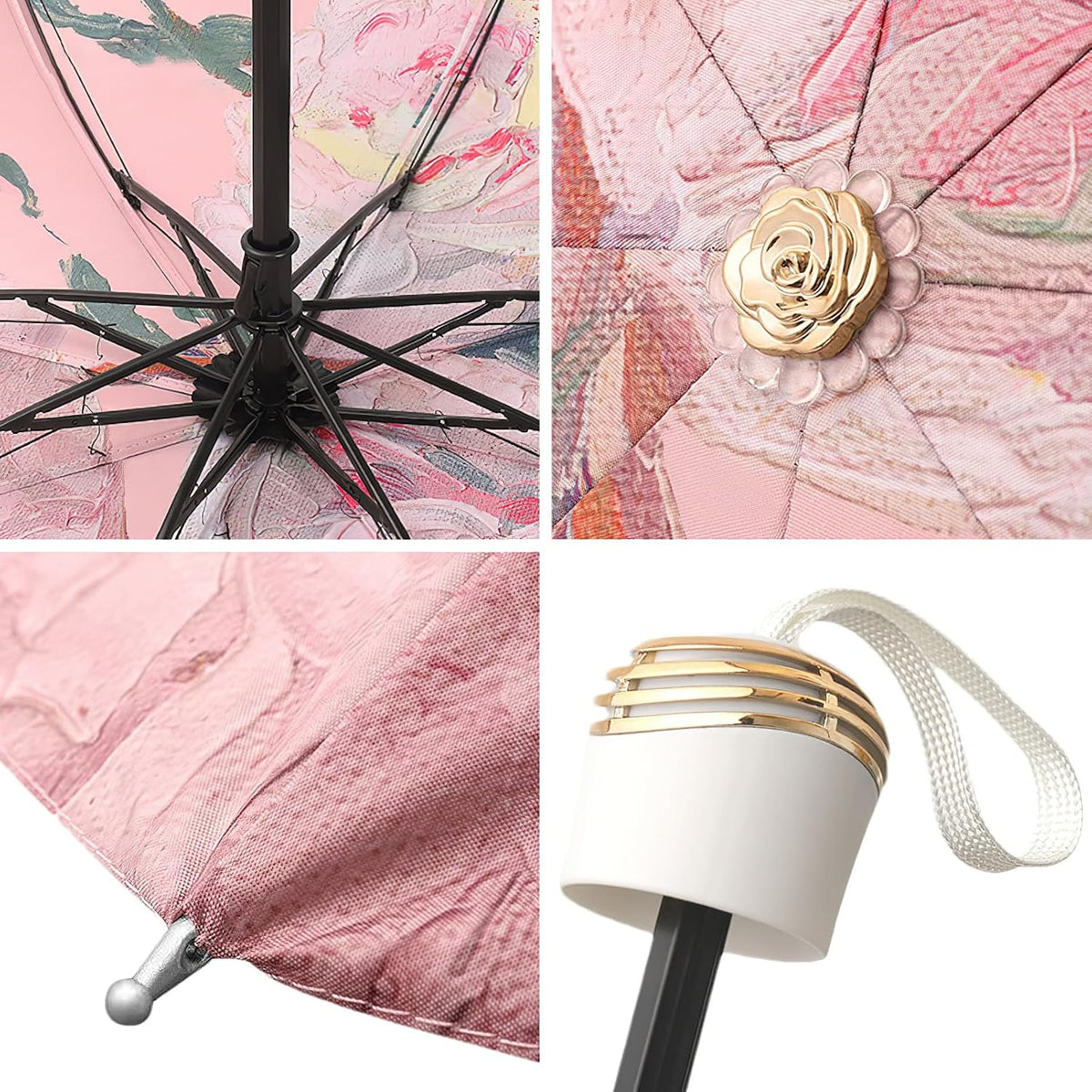 Mini Folding Umbrella for Rain and Sun Portable Umbrella for Travel Compact with Organizer Tote Bag UV Protection Windproof Pink Peony
