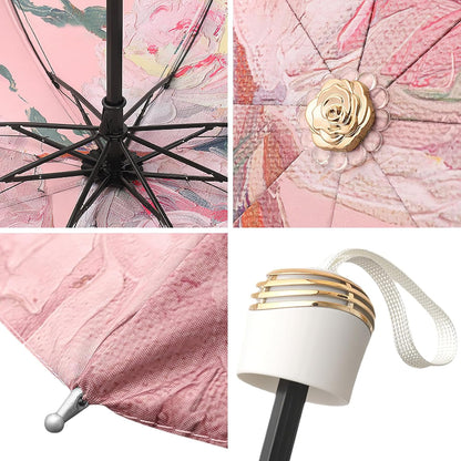 Mini Folding Umbrella for Rain and Sun Portable Umbrella for Travel Compact with Organizer Tote Bag UV Protection Windproof Pink Peony