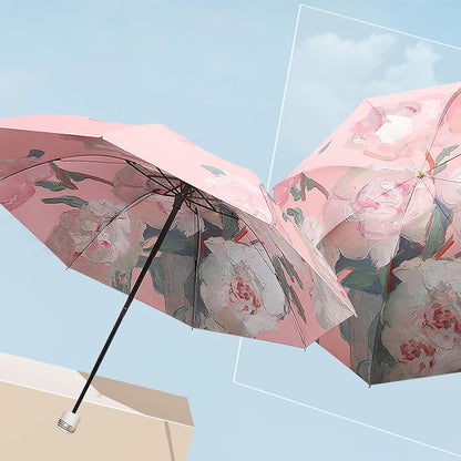 Mini Folding Umbrella for Rain and Sun Portable Umbrella for Travel Compact with Organizer Tote Bag UV Protection Windproof Pink Peony