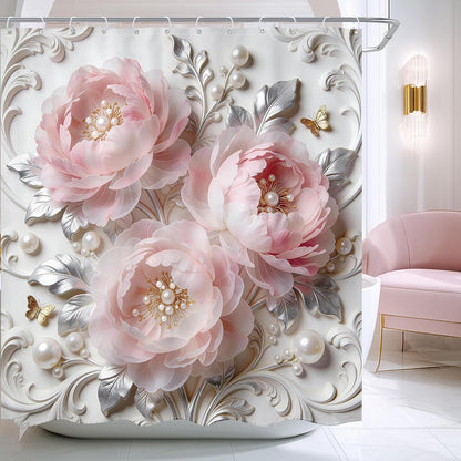 Pink Floral Shower Curtain 72Wx72L Inch Blush Pink Flower Abstract Bold Peony Rose Silver Leaves Botanical for Women Girly Pretty Luxury Bathroom Set Bath Curtain Bathtub Accessories Home Decor
