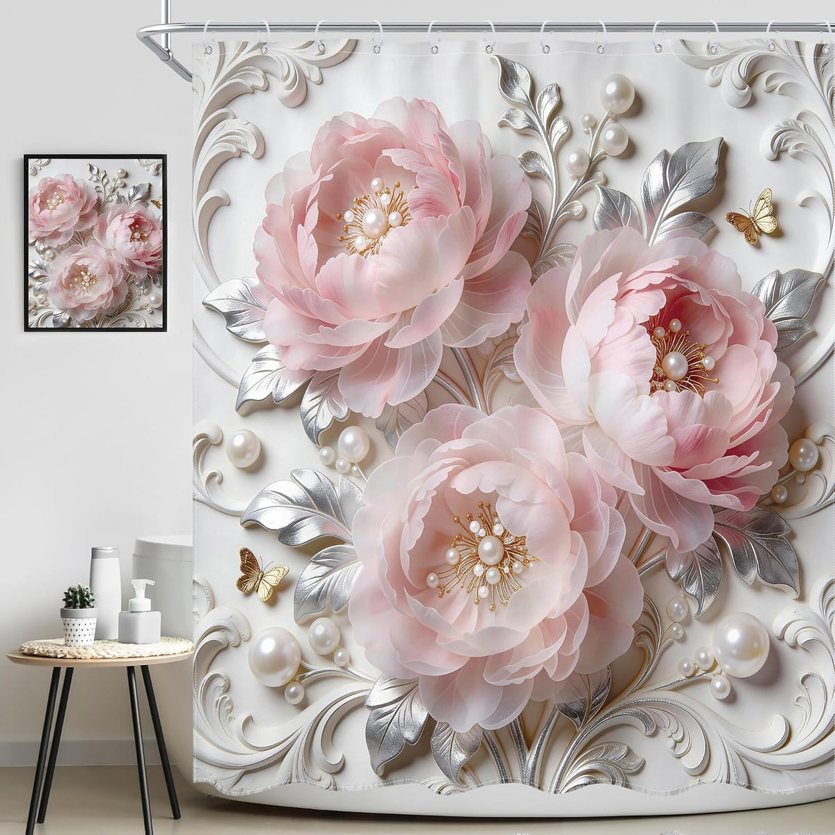 Pink Floral Shower Curtain 72Wx72L Inch Blush Pink Flower Abstract Bold Peony Rose Silver Leaves Botanical for Women Girly Pretty Luxury Bathroom Set Bath Curtain Bathtub Accessories Home Decor