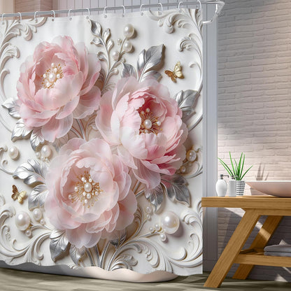 Pink Floral Shower Curtain 72Wx72L Inch Blush Pink Flower Abstract Bold Peony Rose Silver Leaves Botanical for Women Girly Pretty Luxury Bathroom Set Bath Curtain Bathtub Accessories Home Decor
