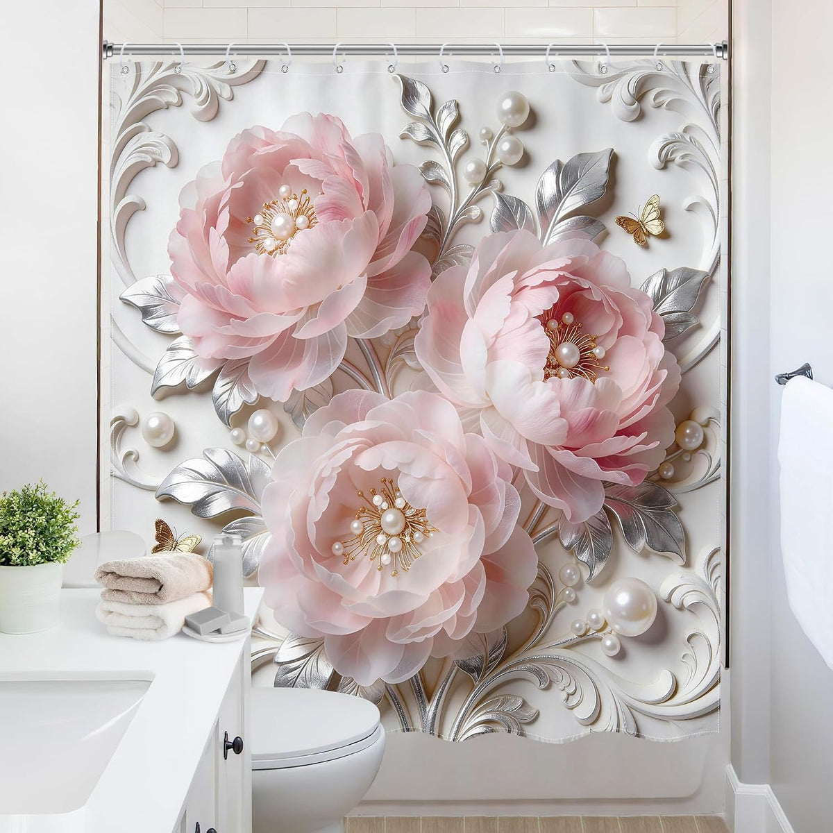Pink Floral Shower Curtain 72Wx72L Inch Blush Pink Flower Abstract Bold Peony Rose Silver Leaves Botanical for Women Girly Pretty Luxury Bathroom Set Bath Curtain Bathtub Accessories Home Decor
