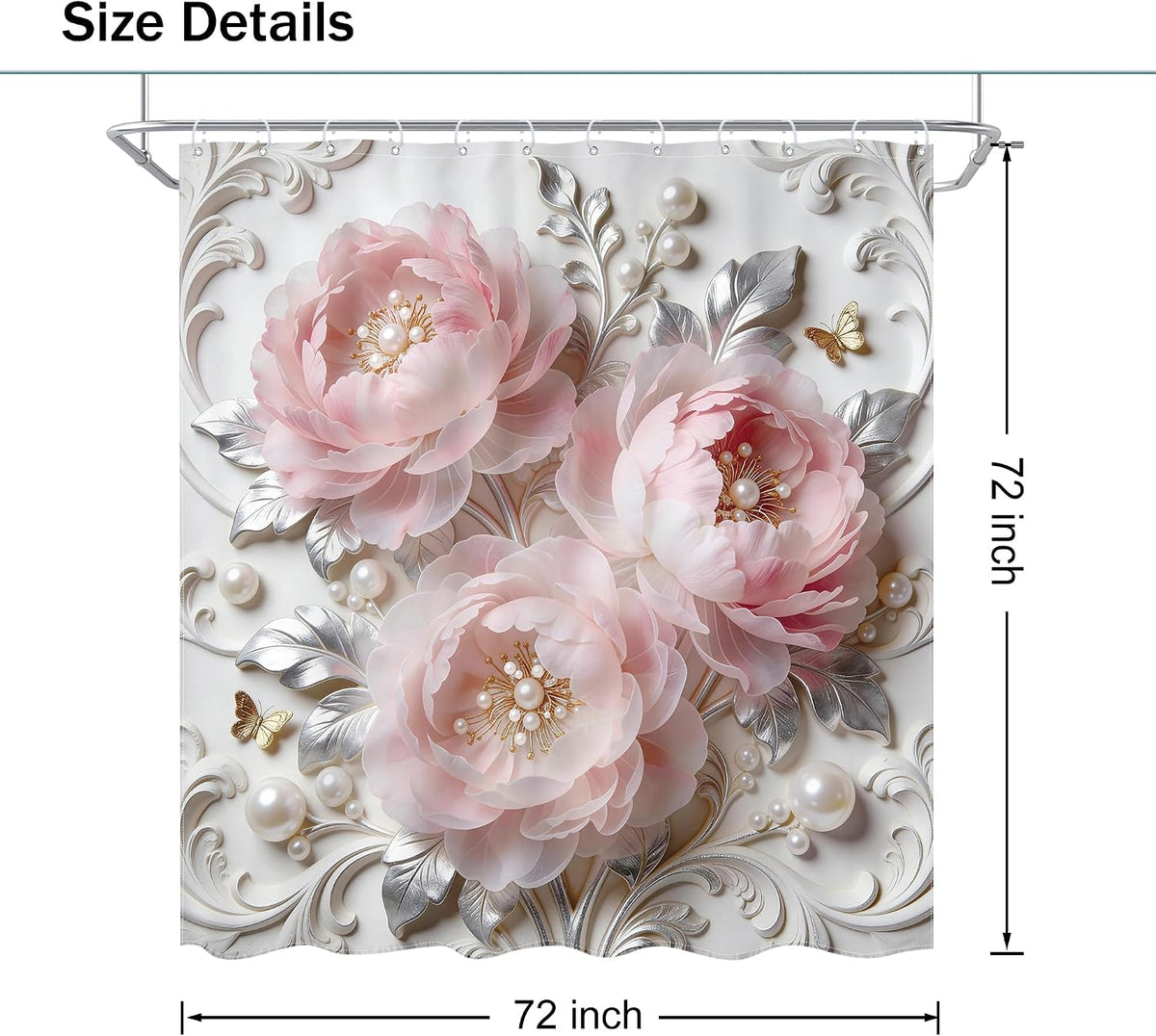 Pink Floral Shower Curtain 72Wx72L Inch Blush Pink Flower Abstract Bold Peony Rose Silver Leaves Botanical for Women Girly Pretty Luxury Bathroom Set Bath Curtain Bathtub Accessories Home Decor