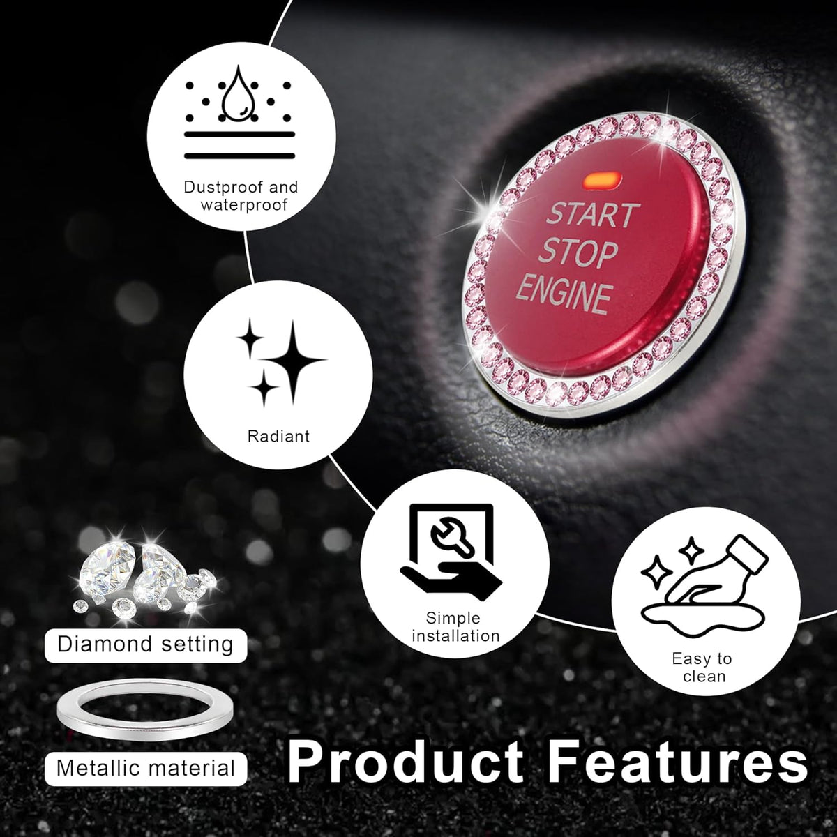 2 PCS Crystal Rhinestone Car Engine Start Stop Decoration, Ring Bling Car Interior Accessories for Women, Push to Start Button Cover Sticker, Automotive Decals, Pink