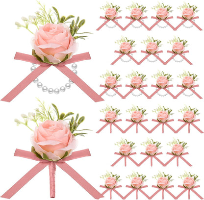 24 Pcs 24 Pcs Rose Wrist Corsage and Boutonniere Set, Pink