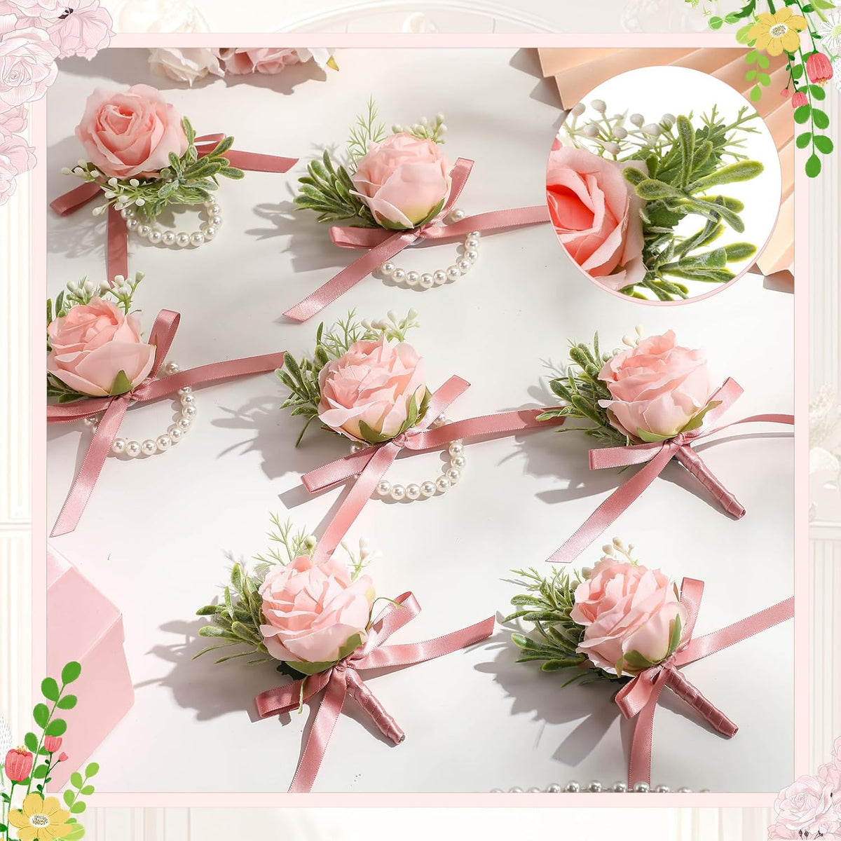 24 Pcs 24 Pcs Rose Wrist Corsage and Boutonniere Set, Pink