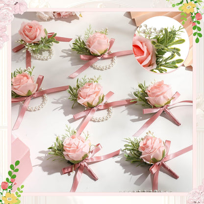 24 Pcs 24 Pcs Rose Wrist Corsage and Boutonniere Set, Pink