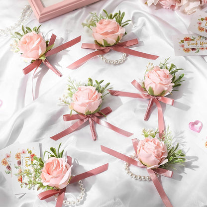 24 Pcs 24 Pcs Rose Wrist Corsage and Boutonniere Set, Pink