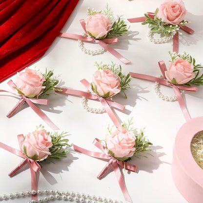 24 Pcs 24 Pcs Rose Wrist Corsage and Boutonniere Set, Pink