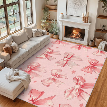 Peach Pink Bow Rug - Girly Kawaii Coquette Bow Rugs for Living Room, 6x6 Area Rugs for Bedroom Accessories, Washable Low Pile Non Slip Carpet, Girls Bowknot Home Decor ZcB7