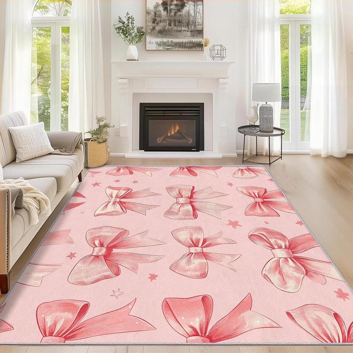 Peach Pink Bow Rug - Girly Kawaii Coquette Bow Rugs for Living Room, 6x6 Area Rugs for Bedroom Accessories, Washable Low Pile Non Slip Carpet, Girls Bowknot Home Decor ZcB7