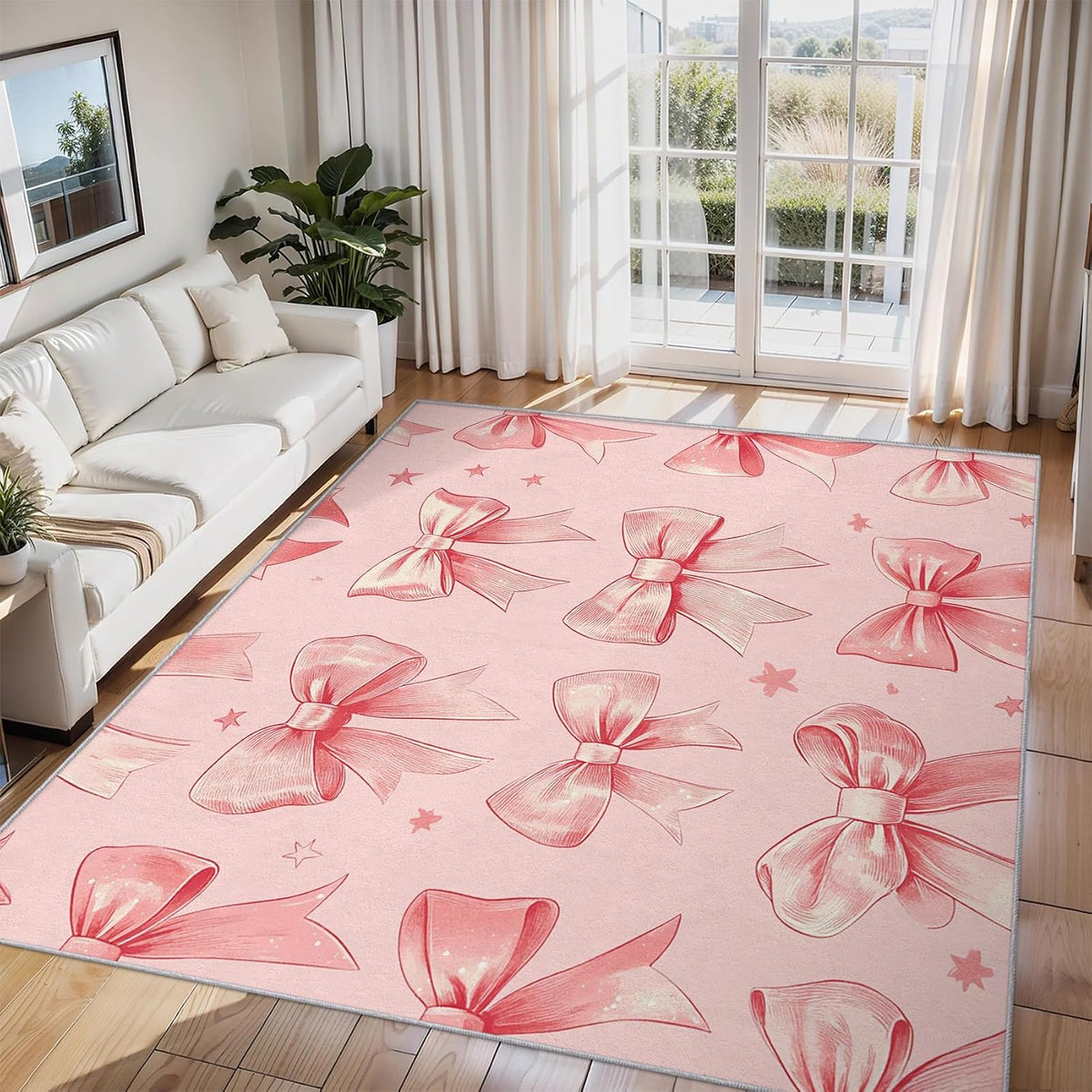 Peach Pink Bow Rug - Girly Kawaii Coquette Bow Rugs for Living Room, 6x6 Area Rugs for Bedroom Accessories, Washable Low Pile Non Slip Carpet, Girls Bowknot Home Decor ZcB7