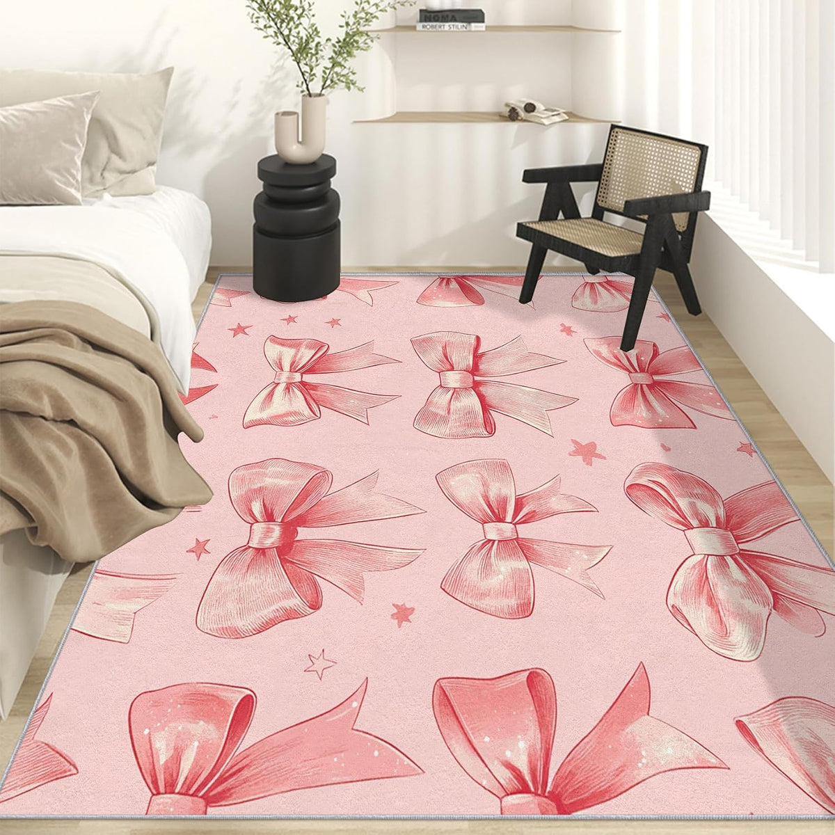 Peach Pink Bow Rug - Girly Kawaii Coquette Bow Rugs for Living Room, 6x6 Area Rugs for Bedroom Accessories, Washable Low Pile Non Slip Carpet, Girls Bowknot Home Decor ZcB7