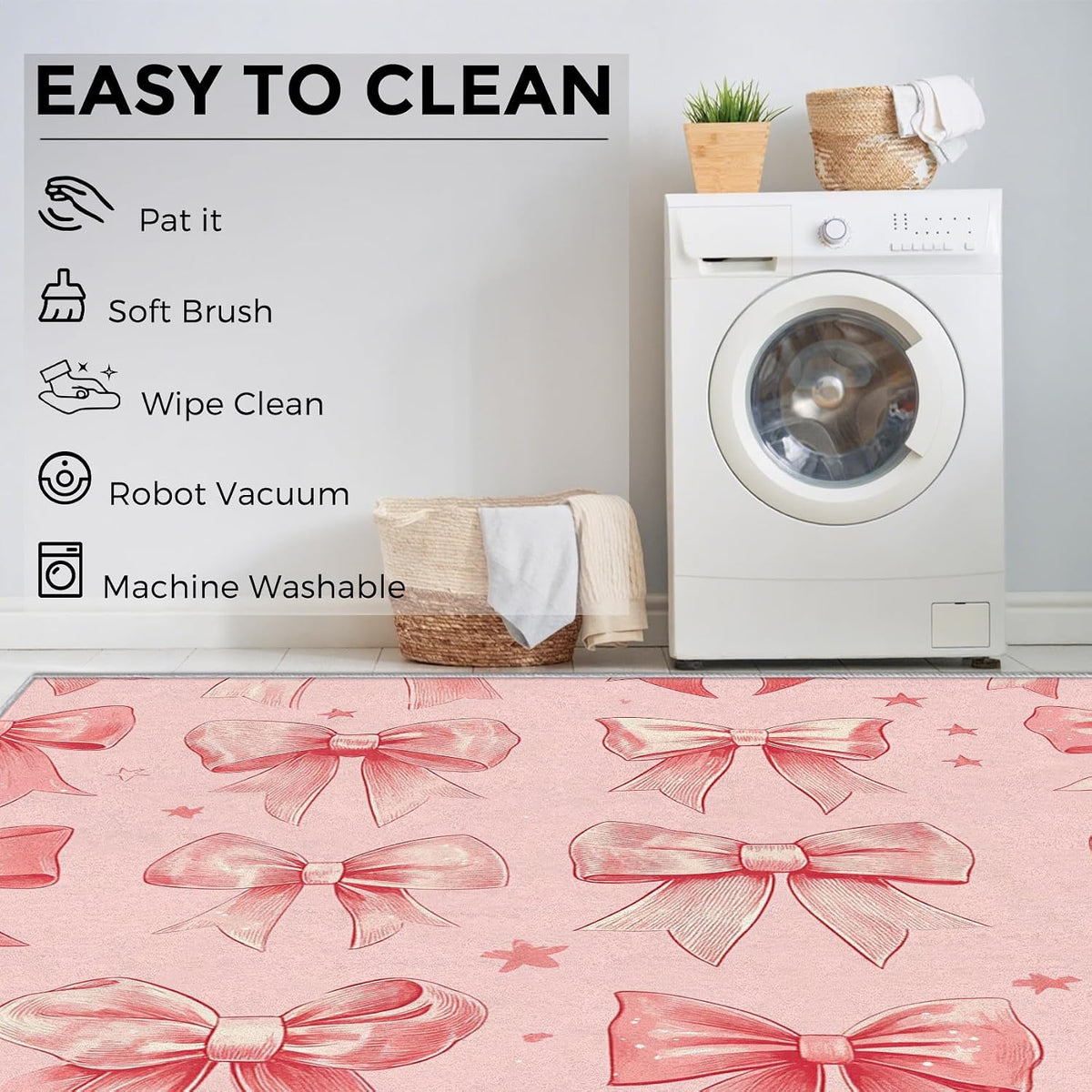 Peach Pink Bow Rug - Girly Kawaii Coquette Bow Rugs for Living Room, 6x6 Area Rugs for Bedroom Accessories, Washable Low Pile Non Slip Carpet, Girls Bowknot Home Decor ZcB7
