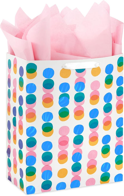 13" Large Gift Bag with Pink Tissue (Pink, Yellow, Foil Blue Dots)