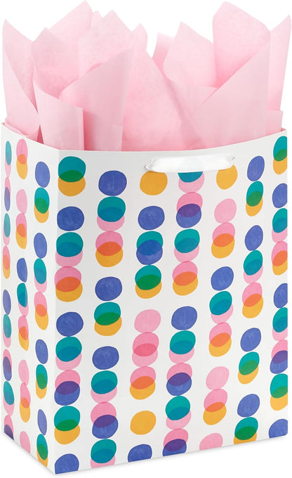 13" Large Gift Bag with Pink Tissue (Pink, Yellow, Foil Blue Dots)