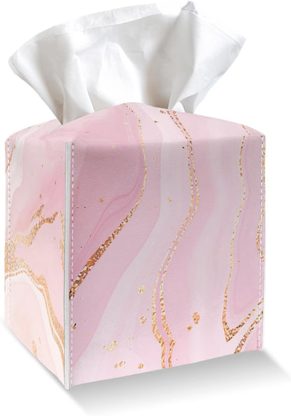 Tissue Box Cover Holder - Pink Gold Marble PU Leather Tissue Box Cover with Bottom Belt, Stylish Square Facial Paper Dispenser for Tabletop, Bathroom, Kitchen, Car & Office -036