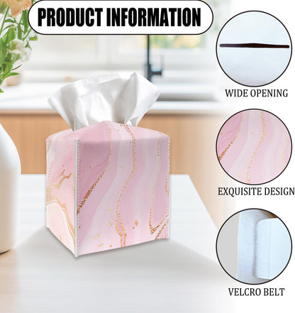 Tissue Box Cover Holder - Pink Gold Marble PU Leather Tissue Box Cover with Bottom Belt, Stylish Square Facial Paper Dispenser for Tabletop, Bathroom, Kitchen, Car & Office -036