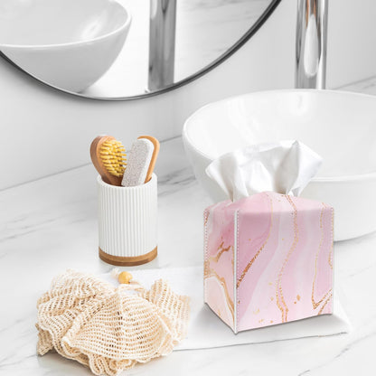 Tissue Box Cover Holder - Pink Gold Marble PU Leather Tissue Box Cover with Bottom Belt, Stylish Square Facial Paper Dispenser for Tabletop, Bathroom, Kitchen, Car & Office -036