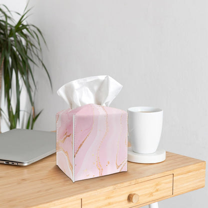 Tissue Box Cover Holder - Pink Gold Marble PU Leather Tissue Box Cover with Bottom Belt, Stylish Square Facial Paper Dispenser for Tabletop, Bathroom, Kitchen, Car & Office -036
