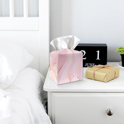 Tissue Box Cover Holder - Pink Gold Marble PU Leather Tissue Box Cover with Bottom Belt, Stylish Square Facial Paper Dispenser for Tabletop, Bathroom, Kitchen, Car & Office -036
