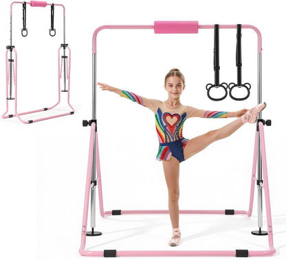 Gymnastic Bars for Kids, 140 lbs Capacity Folding Training Kip Bar with Mat, Adjustable Height Gymnastic Horizontal Bar for Home, Training Equipment for Indoor Outdoor, Easy to Assemble