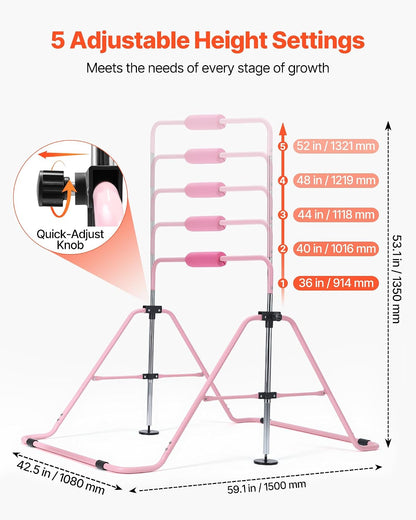 Gymnastic Bars for Kids, 140 lbs Capacity Folding Training Kip Bar with Mat, Adjustable Height Gymnastic Horizontal Bar for Home, Training Equipment for Indoor Outdoor, Easy to Assemble