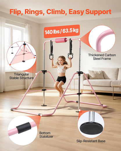 Gymnastic Bars for Kids, 140 lbs Capacity Folding Training Kip Bar with Mat, Adjustable Height Gymnastic Horizontal Bar for Home, Training Equipment for Indoor Outdoor, Easy to Assemble
