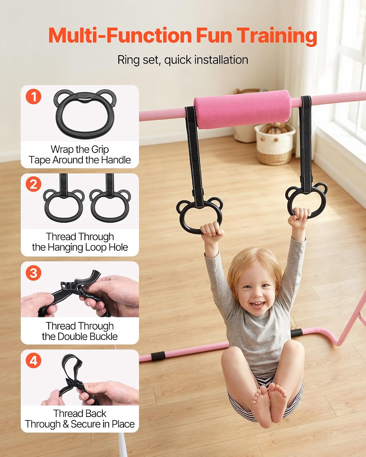Gymnastic Bars for Kids, 140 lbs Capacity Folding Training Kip Bar with Mat, Adjustable Height Gymnastic Horizontal Bar for Home, Training Equipment for Indoor Outdoor, Easy to Assemble