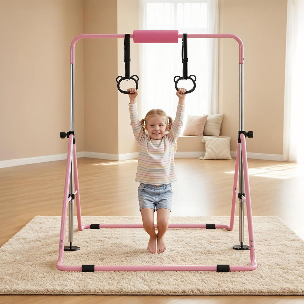 Gymnastic Bars for Kids, 140 lbs Capacity Folding Training Kip Bar with Mat, Adjustable Height Gymnastic Horizontal Bar for Home, Training Equipment for Indoor Outdoor, Easy to Assemble