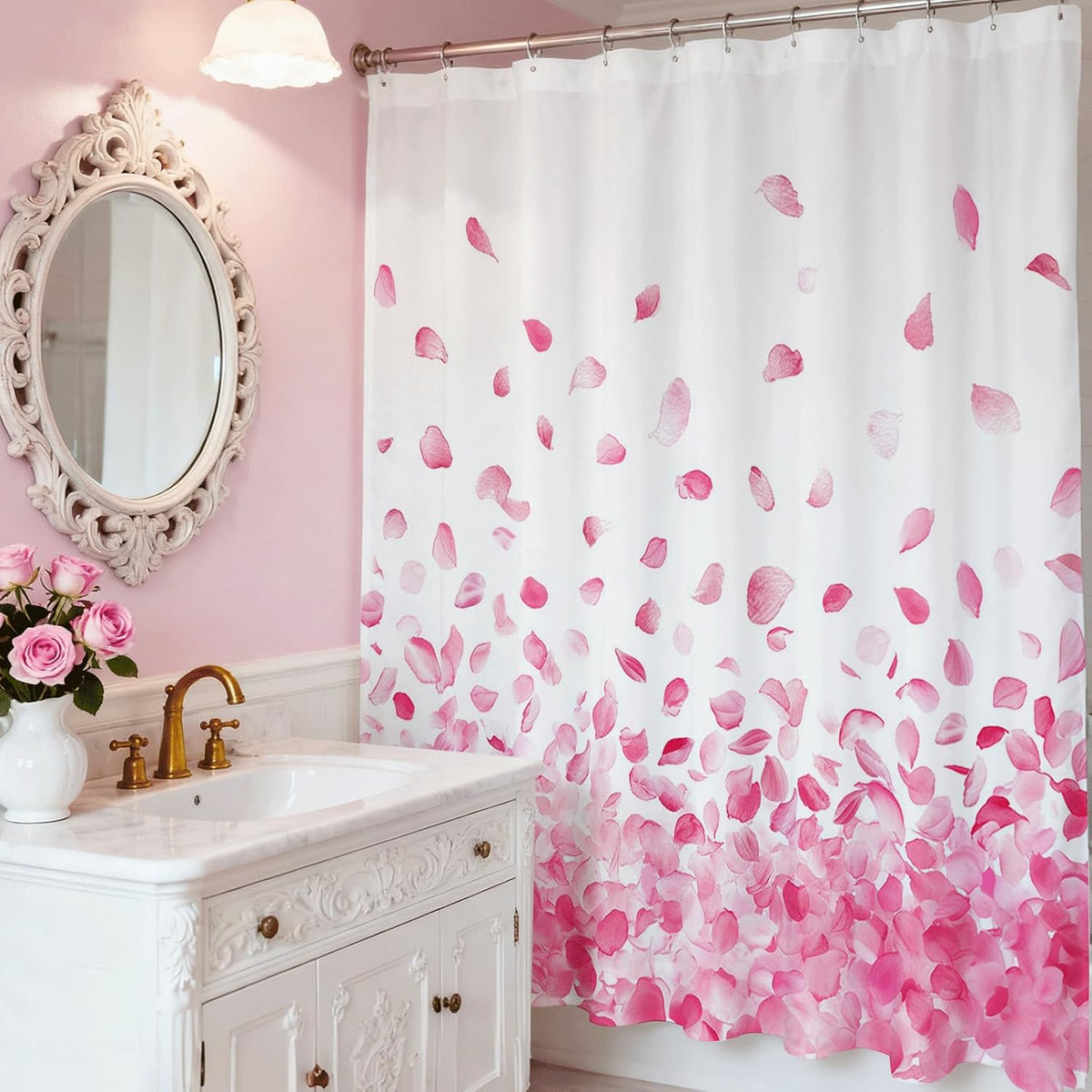 Pink Shower Curtain for Bathroom Romantic Pink Floral Petal Rain Shower Curtain for Pink Bathroom Decor Waterproof Fabric Bath Curtain 72 X 72 Inch