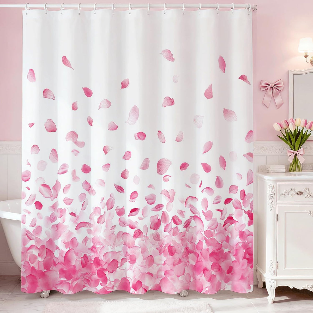 Pink Shower Curtain for Bathroom Romantic Pink Floral Petal Rain Shower Curtain for Pink Bathroom Decor Waterproof Fabric Bath Curtain 72 X 72 Inch